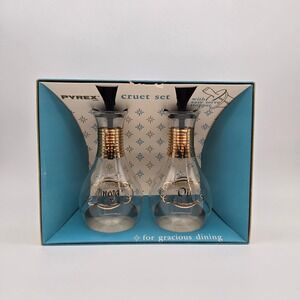 Vintage Pyrex Cruet Set Clear Gold Band Oil Vinegar Mid Century Modern Retro